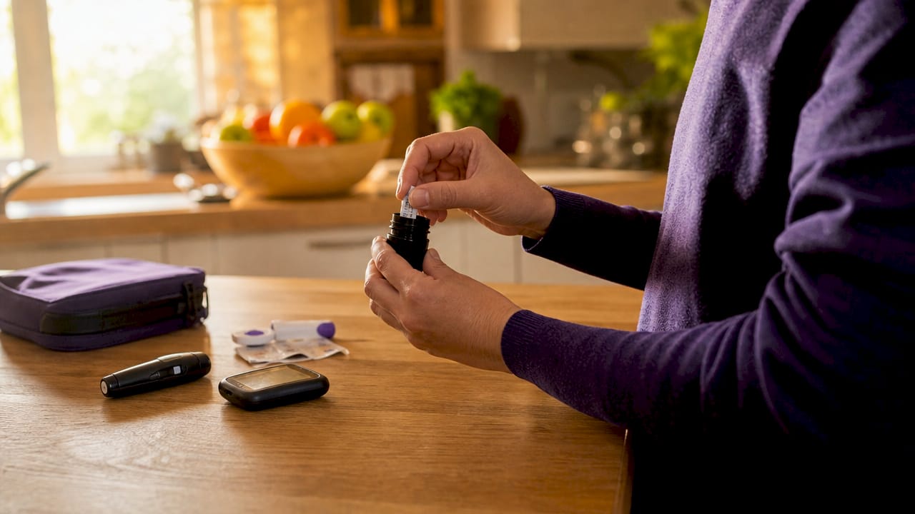 Hands storing diabetic test strips in sealed vial