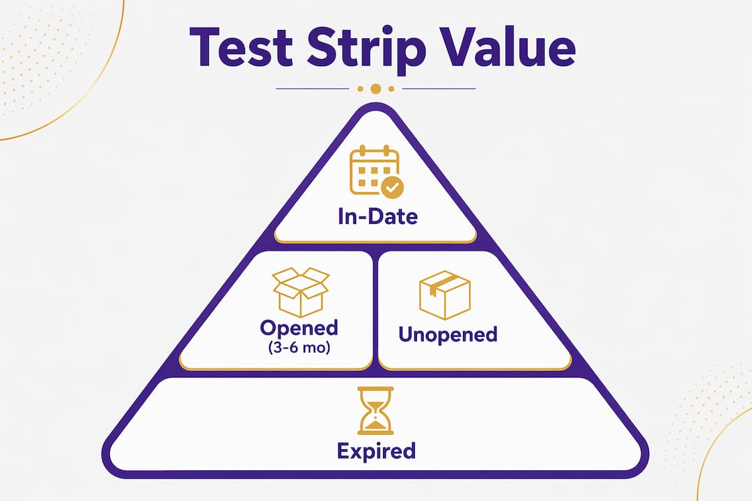 Hierarchical infographic of test strip expiration and value