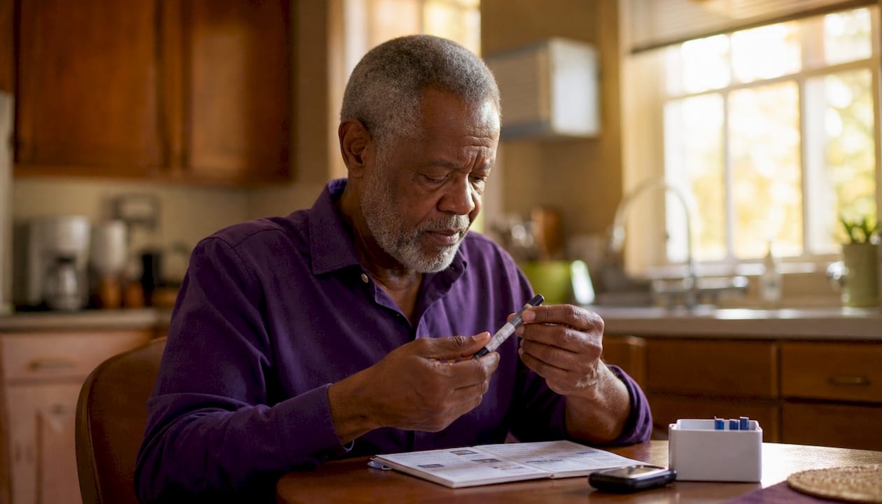 Senior man holding insulin pen with medication supplies nearby