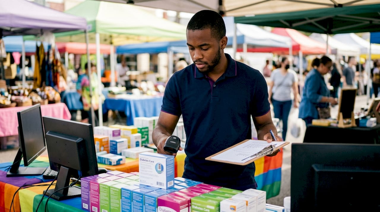Pharmacy technician organizing diabetic supply inventory