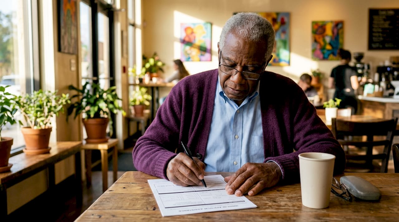 Elderly man filling insulin assistance application form