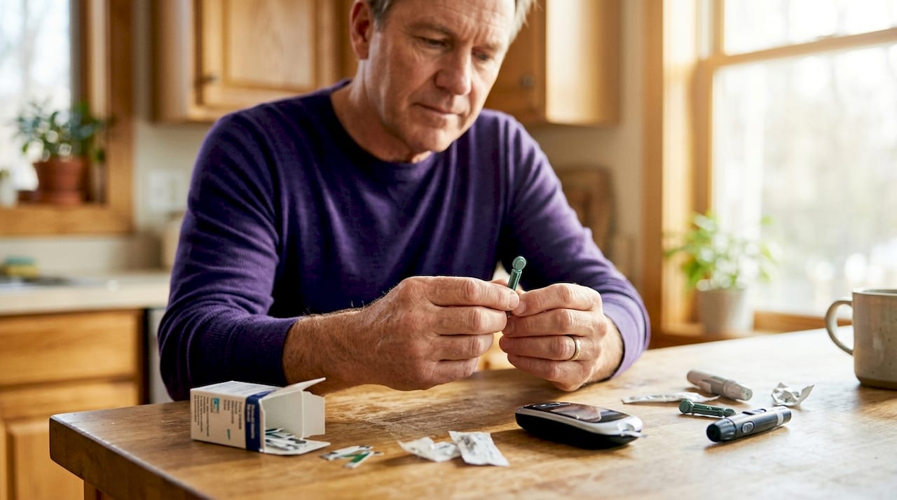 Man examining lancet considering reuse risks