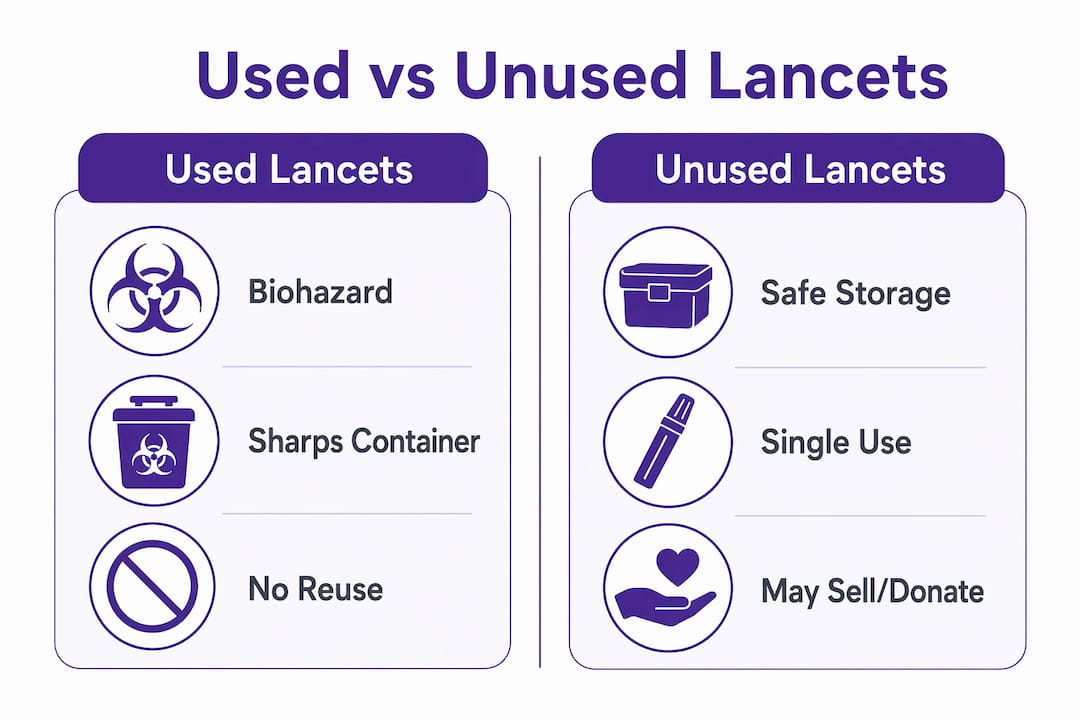 Infographic comparing used and unused lancet handling
