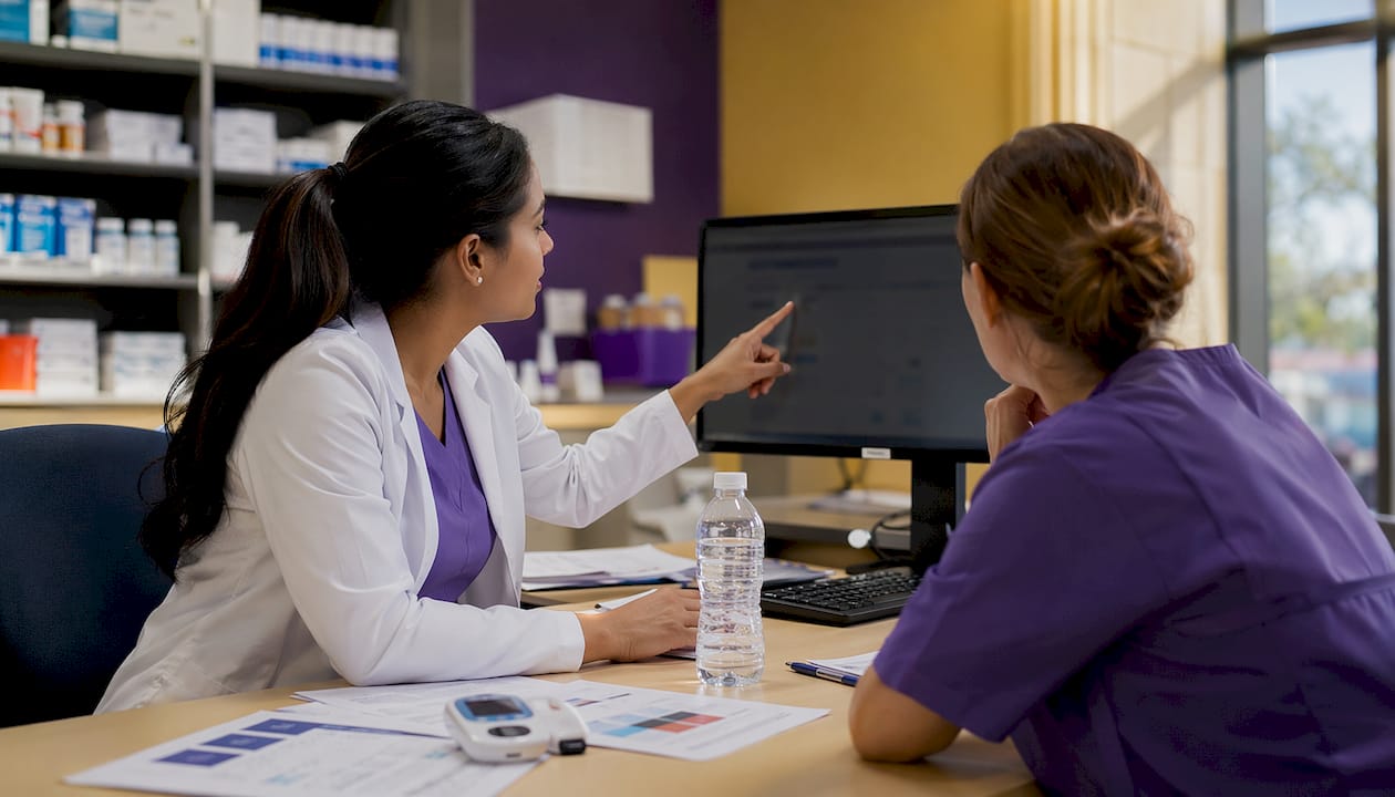 Pharmacist using EHR system in hospital pharmacy