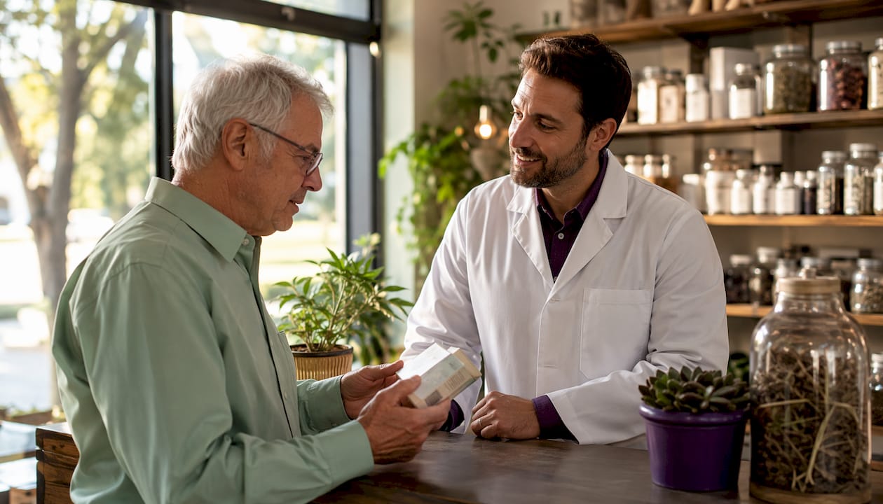 Pharmacist advising elderly man on medication options