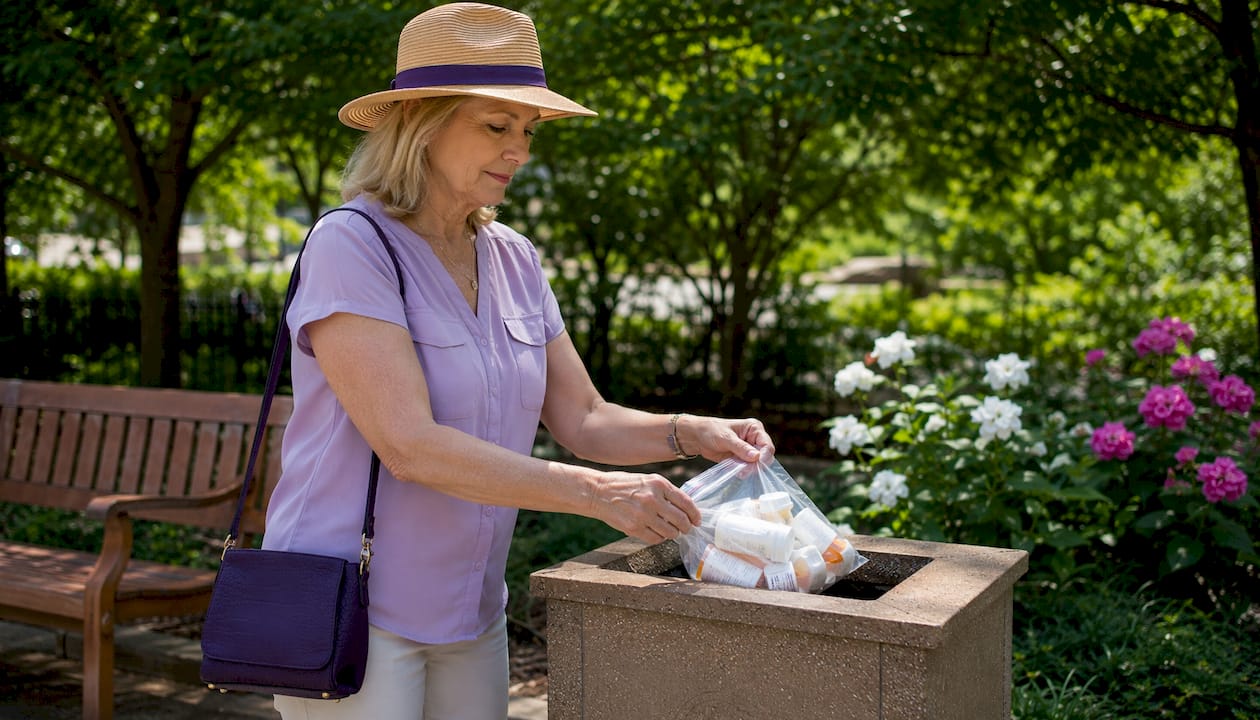 Woman disposing diabetes medication at drug take-back box