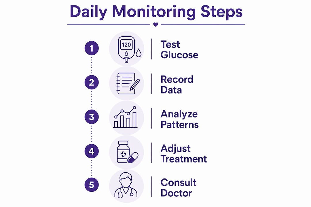 Infographic showing daily diabetes monitoring steps