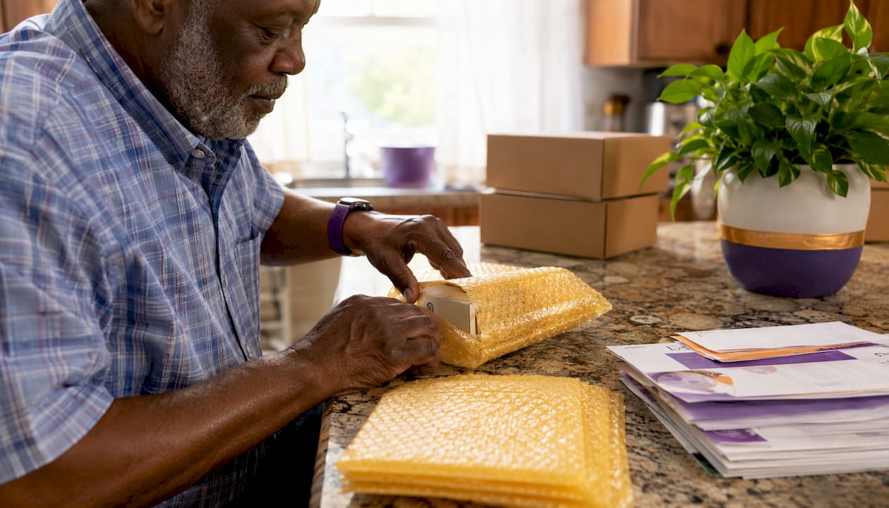 Hands wrapping diabetes test strips for shipment