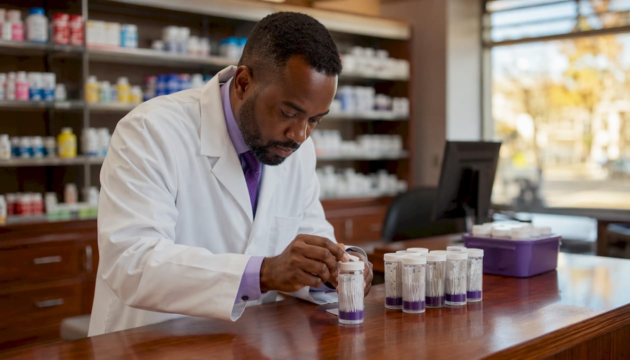 Pharmacist dispensing diabetic test strips at counter
