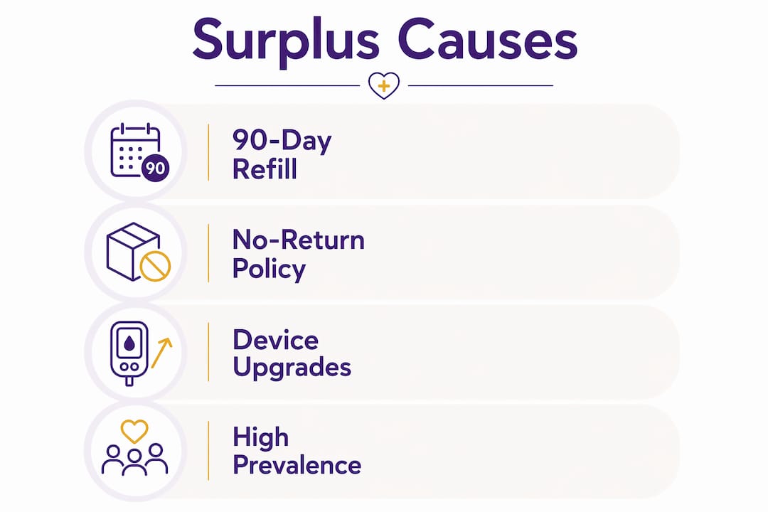 Infographic illustrating main causes of diabetic supply surplus in Florida