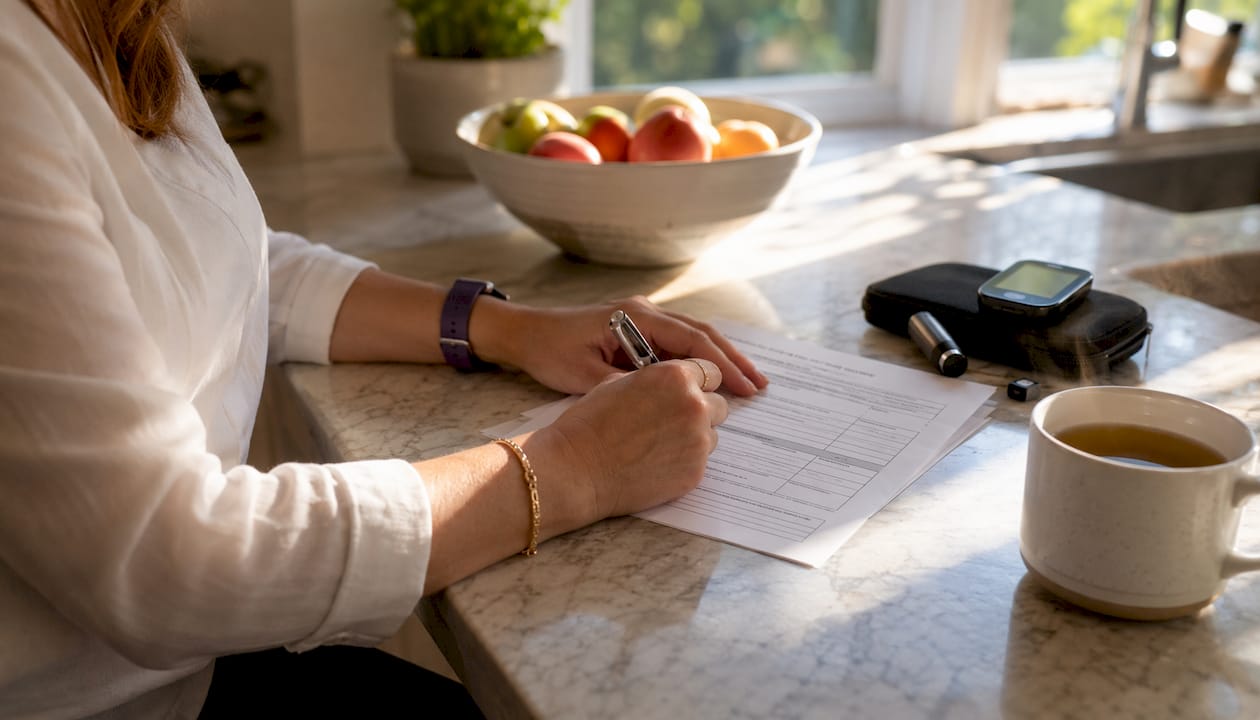 Hands documenting diabetes device history on form