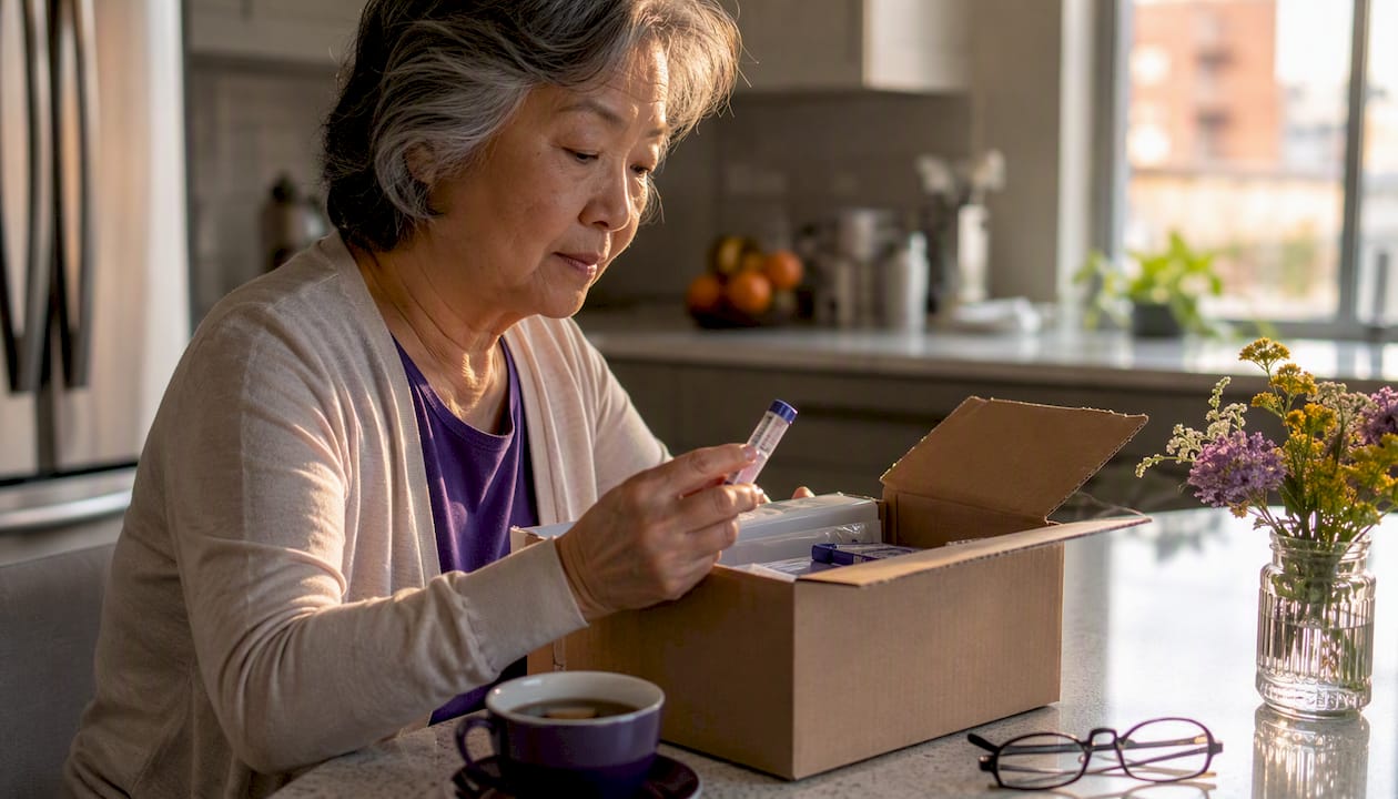 Elderly woman opening mail-order insulin package
