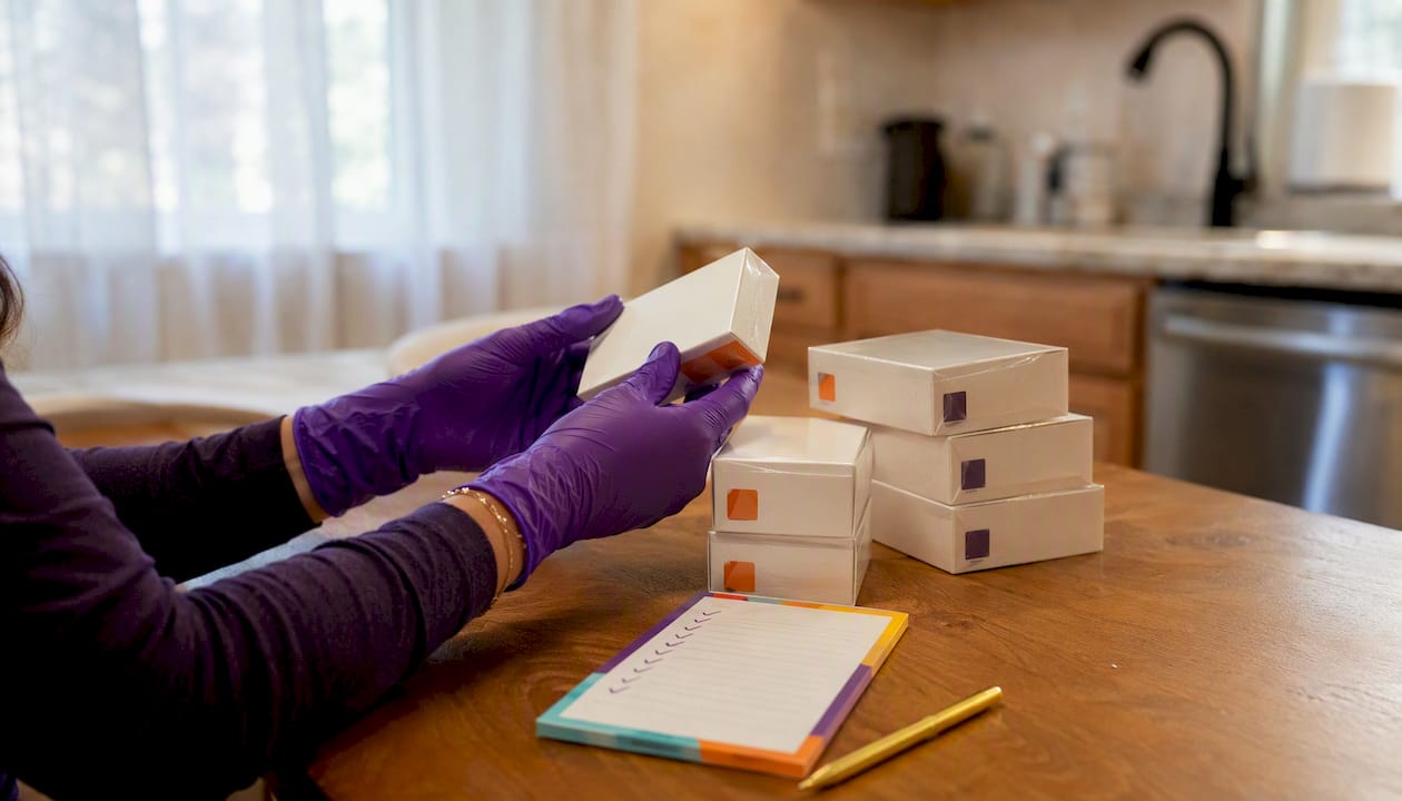 Hands inspecting sealed diabetic supplies packaging