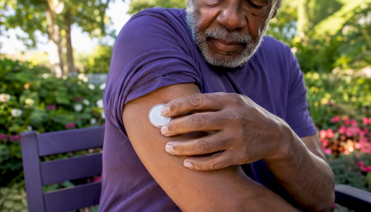 Hands applying continuous glucose monitor sensor
