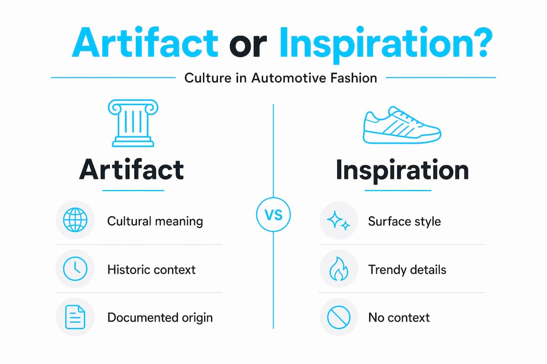 Infographic comparing artifact vs. inspiration in auto fashion