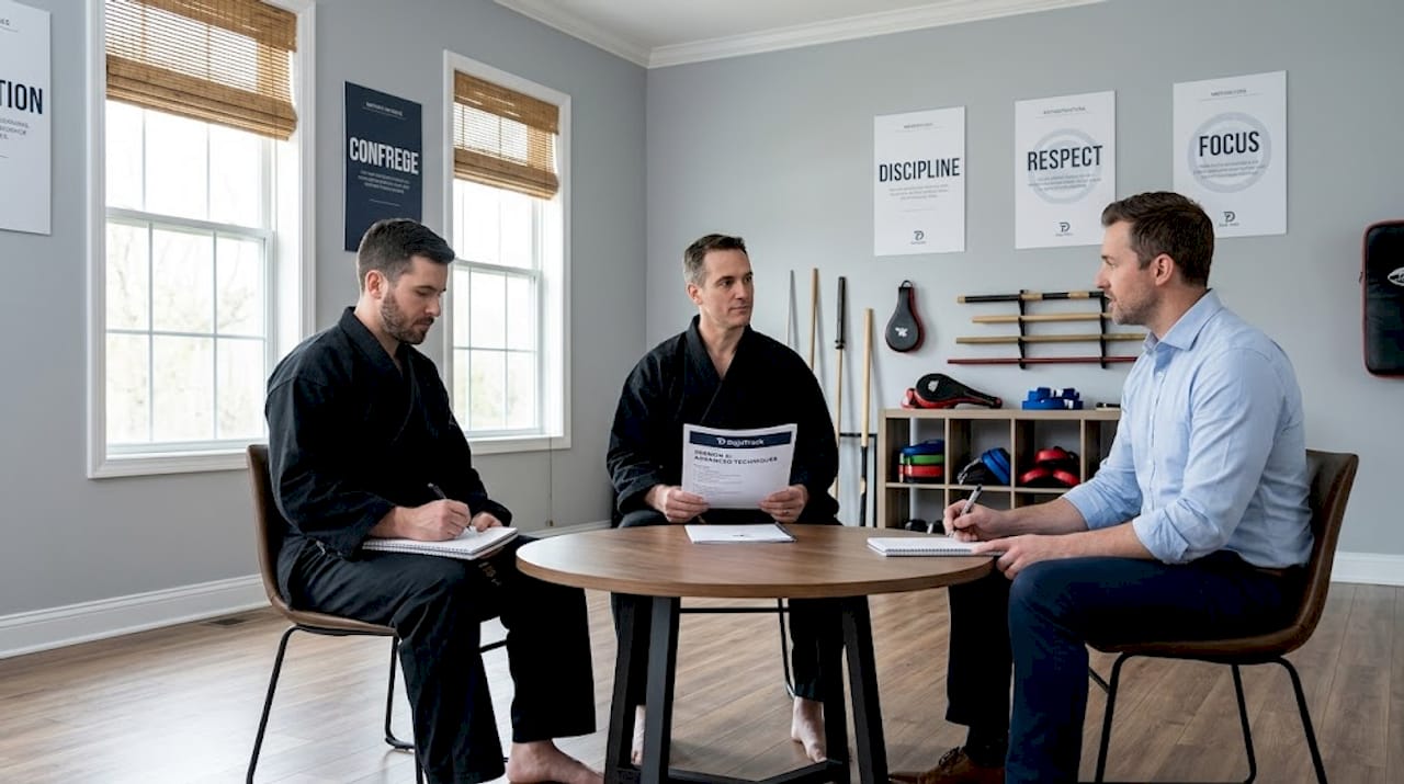 Martial arts instructors and admin staff in office meeting