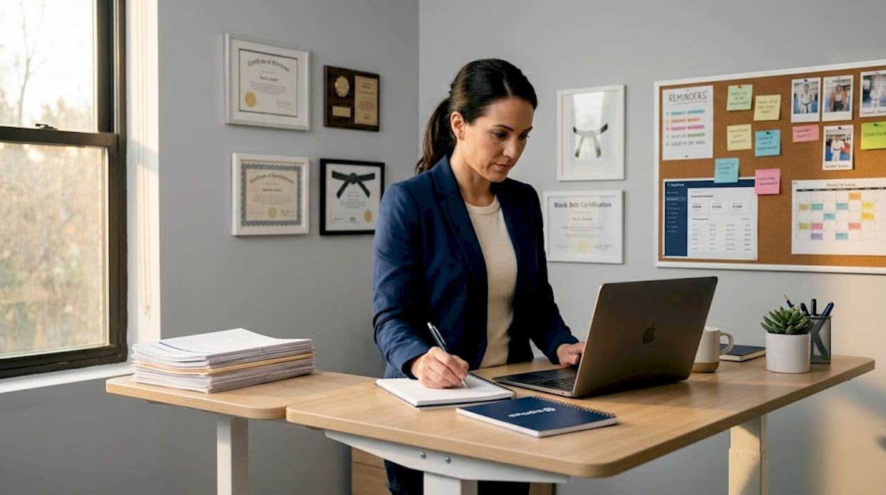 Karate studio owner manages billing in bright office