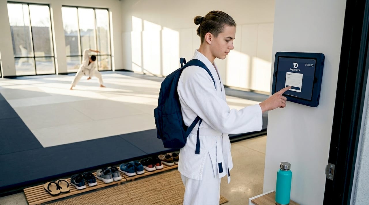 Student using check-in tablet at dojo entrance