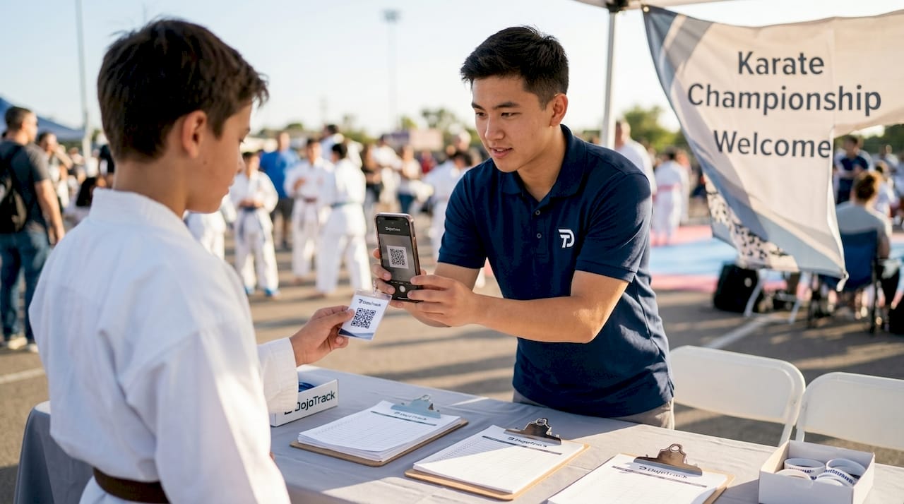 Staff scans karate tournament QR code