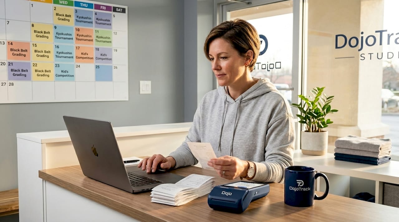 Studio owner reviewing Dojo payments at desk