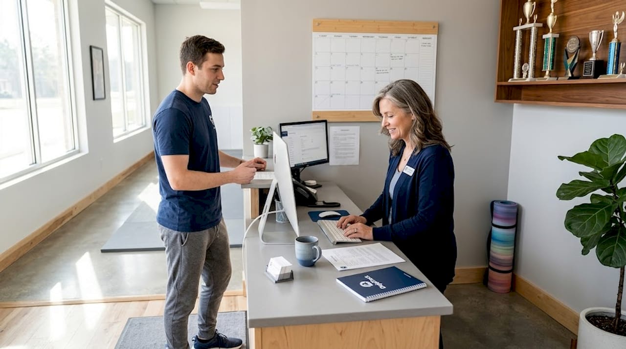BJJ student gives billing feedback at front desk