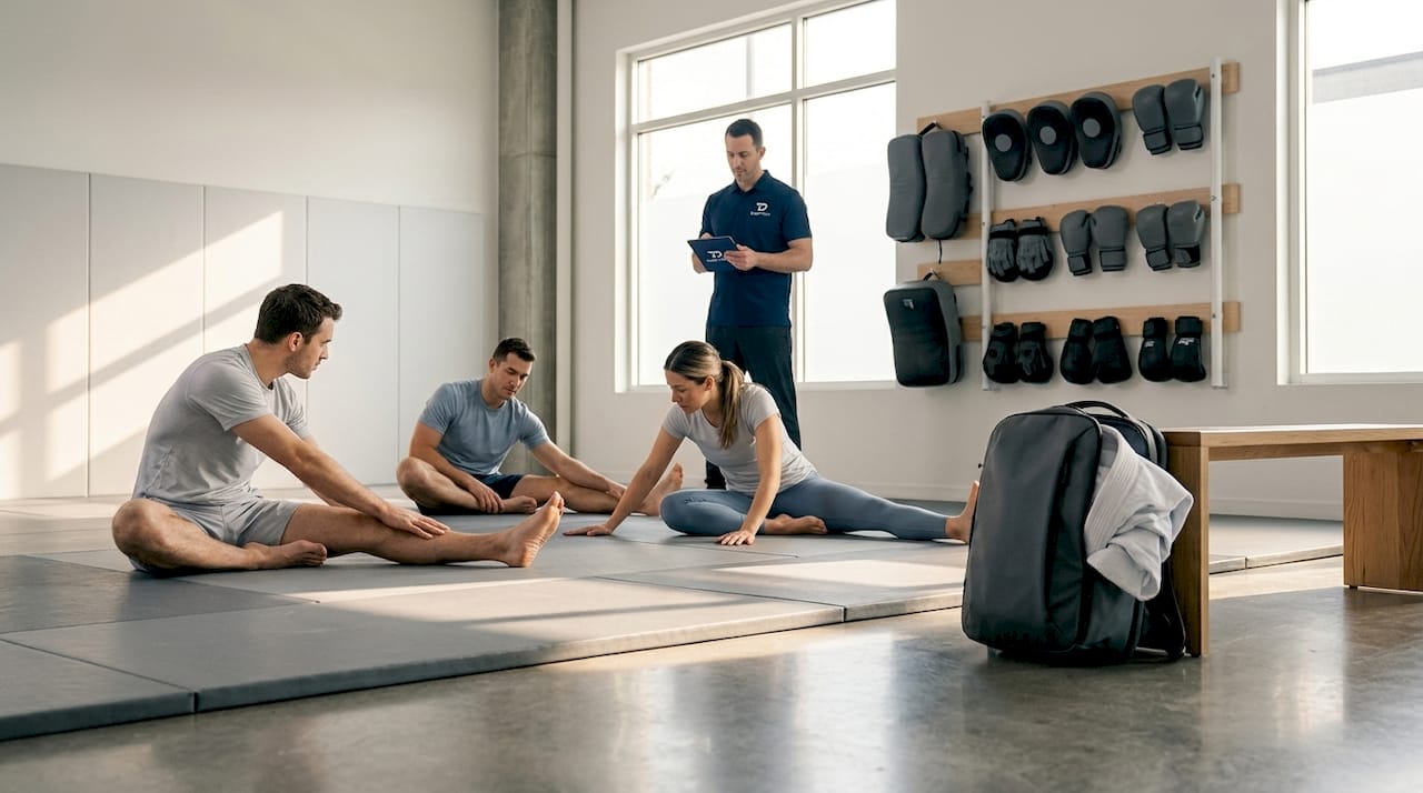 Students stretching at martial arts class