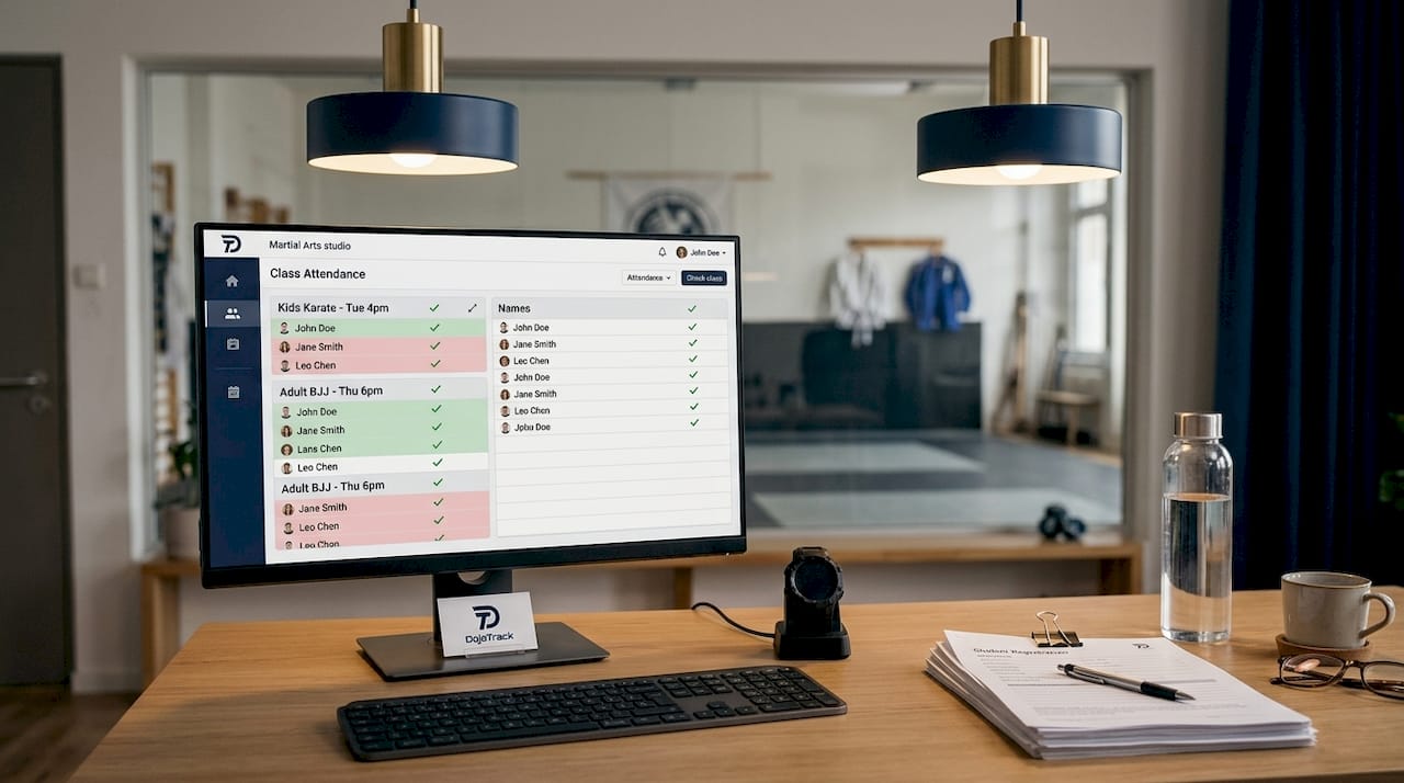 Screen showing martial arts attendance system