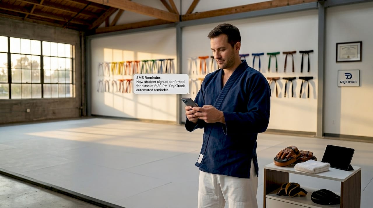 Instructor checking SMS reminder in empty dojo class space