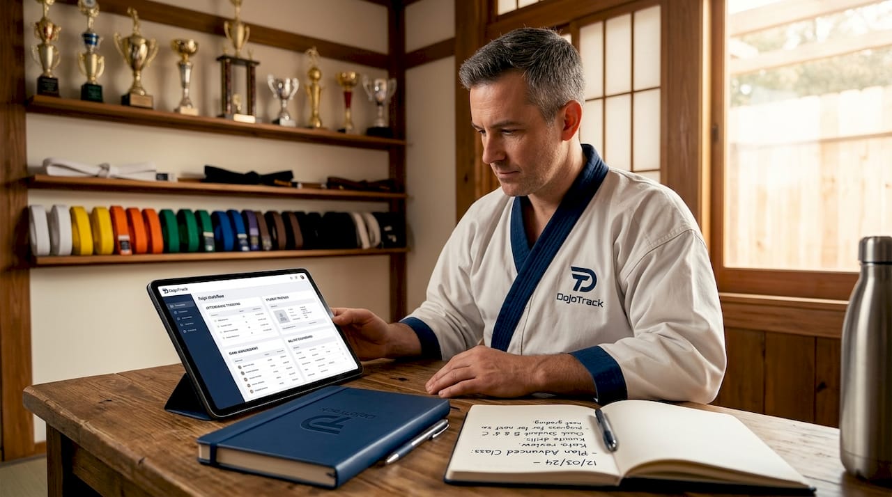 Instructor evaluating dojo workflow on tablet
