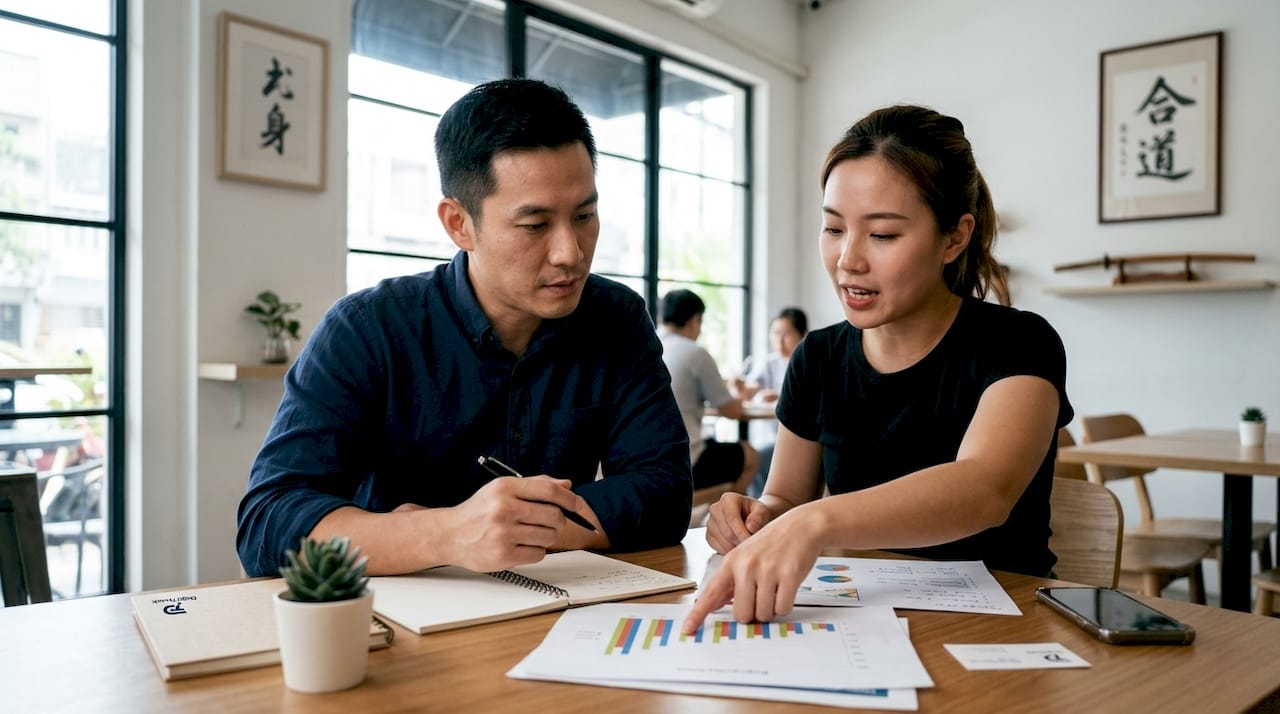 Martial arts instructor reviewing automation reports in meeting