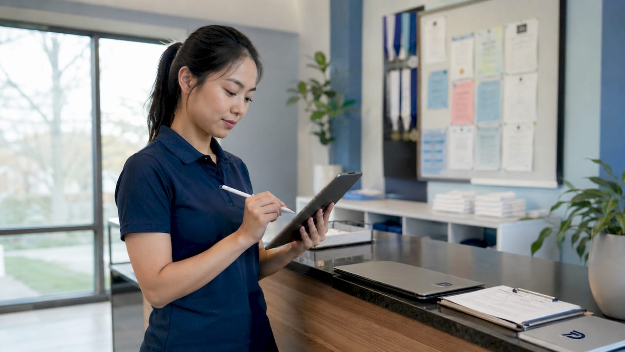 Instructor using tablet to track attendance data