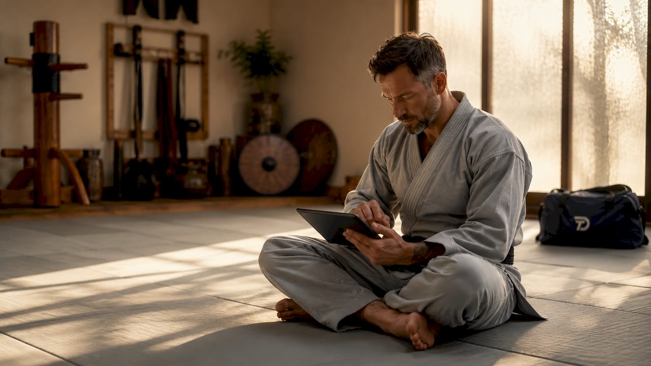 Instructor hands holding tablet in dojo setting