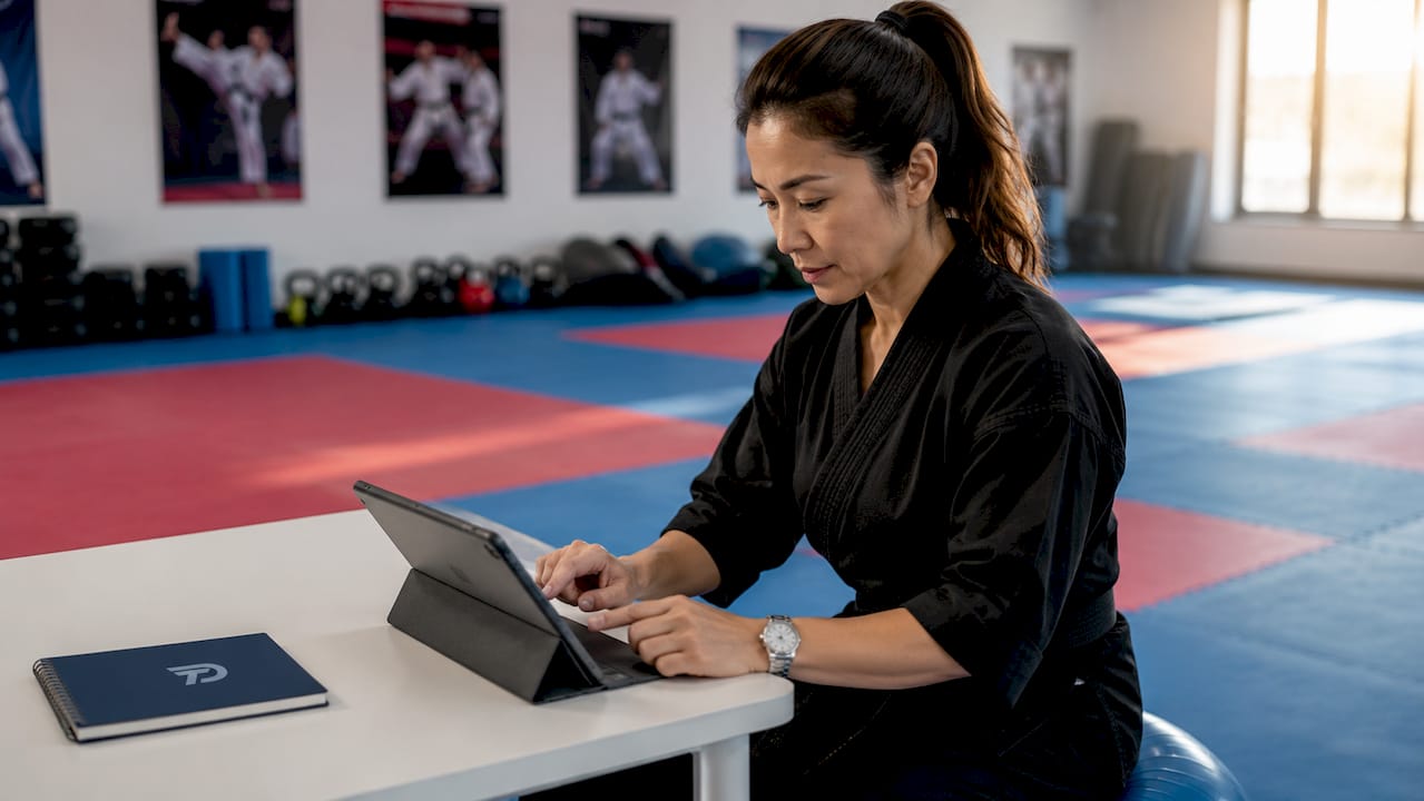 Female instructor using tablet in martial arts studio