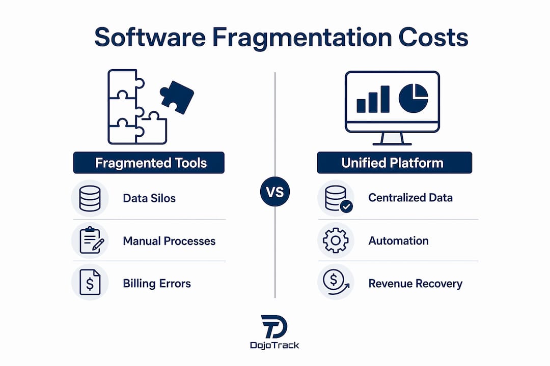 Infographic comparing fragmented vs unified gym software costs