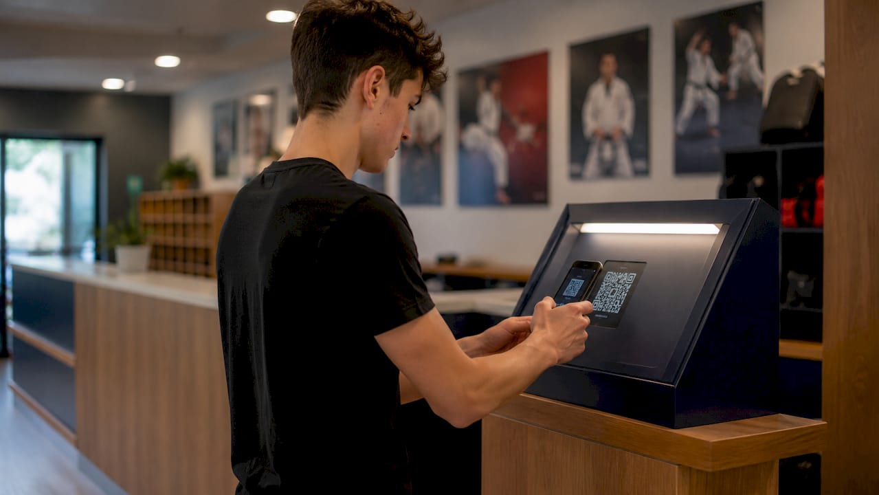 Student scanning QR code at dojo check-in