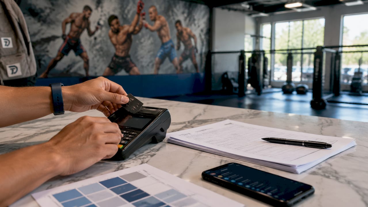 Close-up of hands using billing terminal at MMA gym