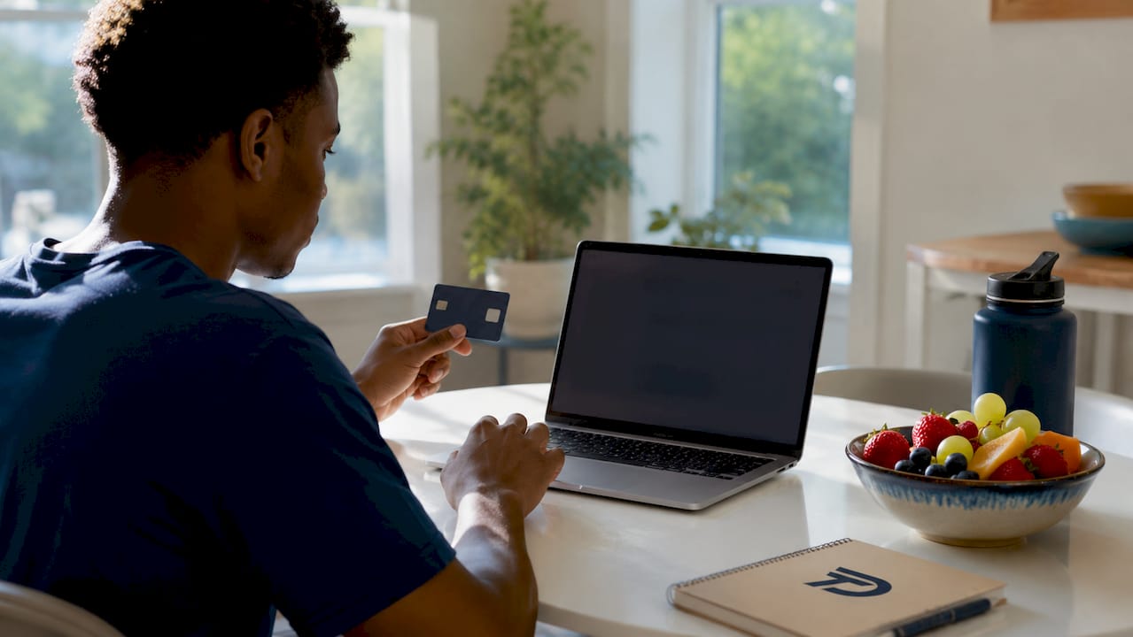 Hand holding credit card next to laptop