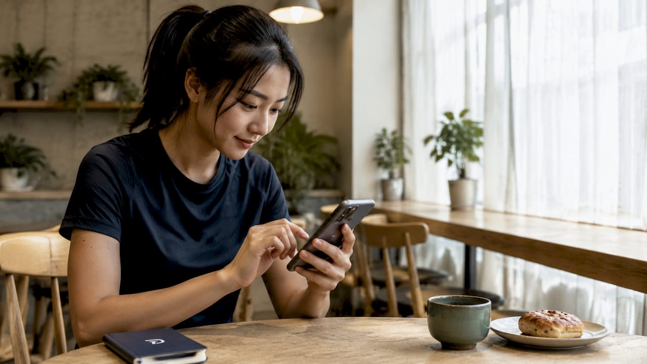 Woman booking karate class on smartphone app