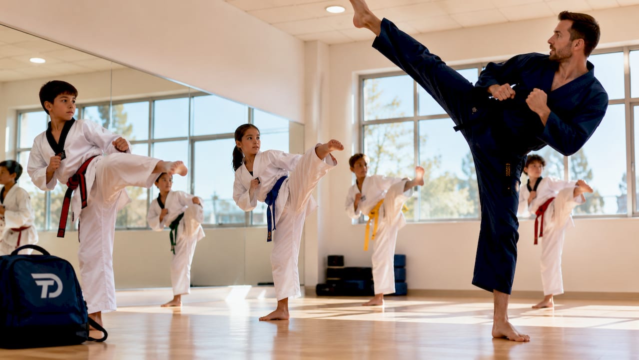 Taekwondo instructor leading engaged student class
