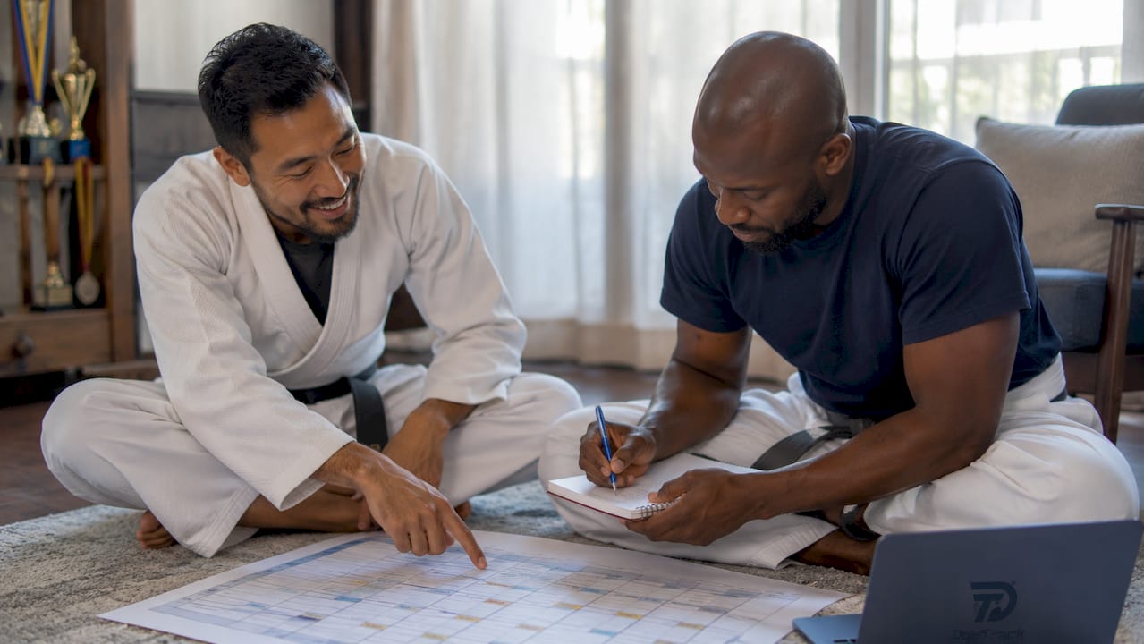 Instructors collaborating on martial arts class schedule
