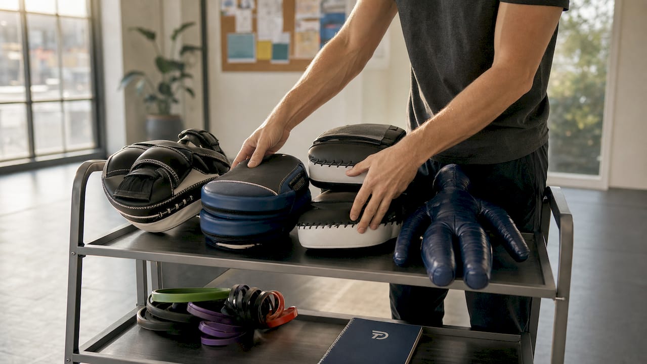 Hands organizing martial arts training equipment