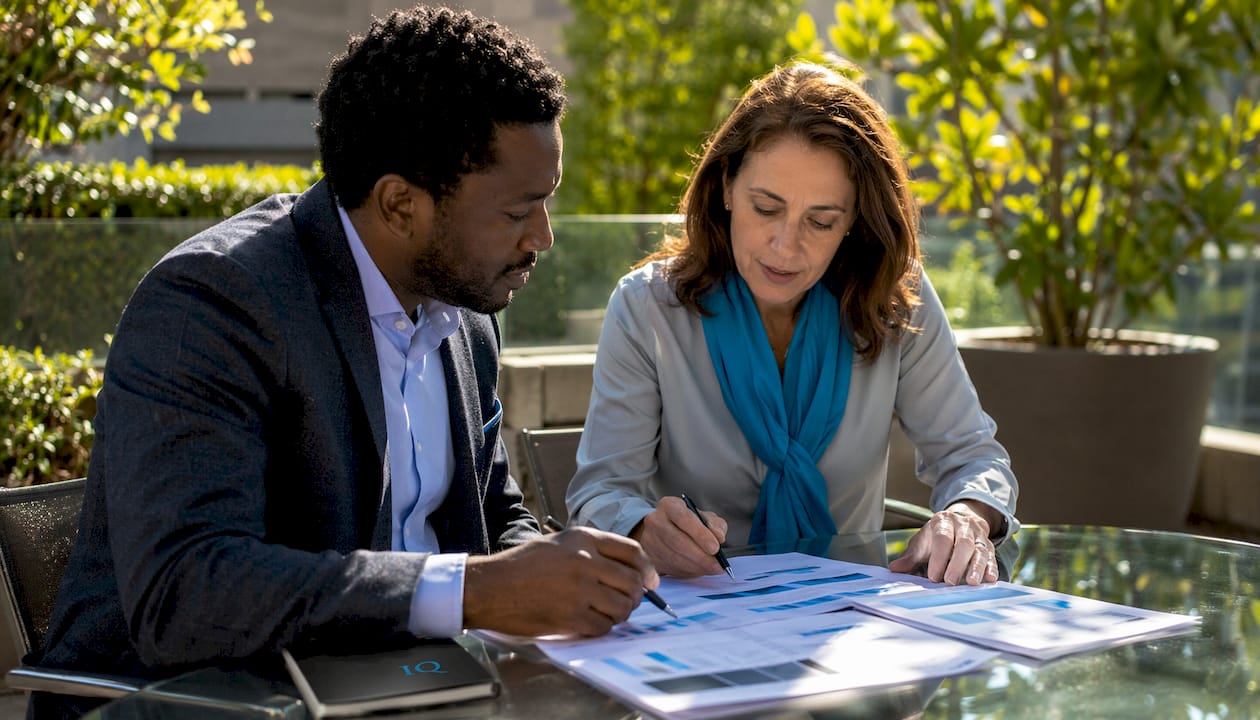 Two professionals reviewing AI scenario charts together