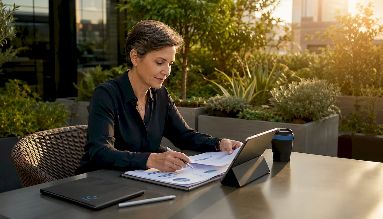 Businesswoman reviewing AI business planning materials