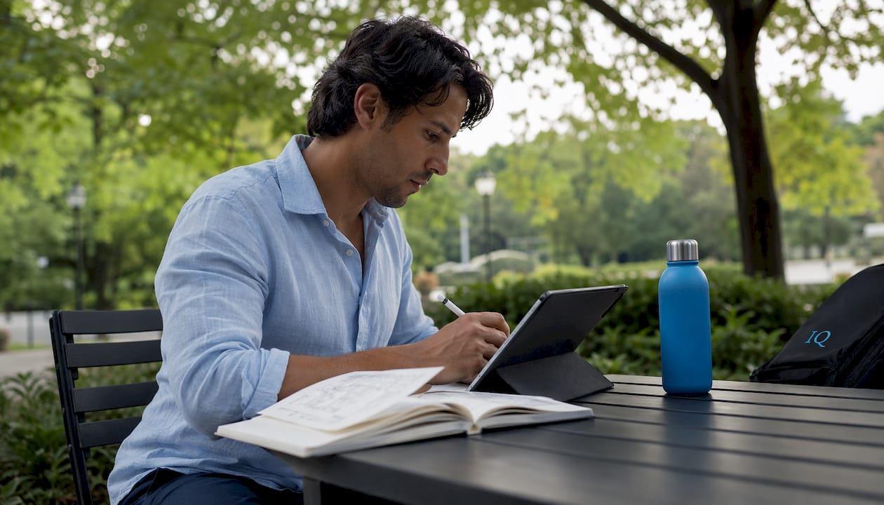 Solo founder using online business planner at home desk