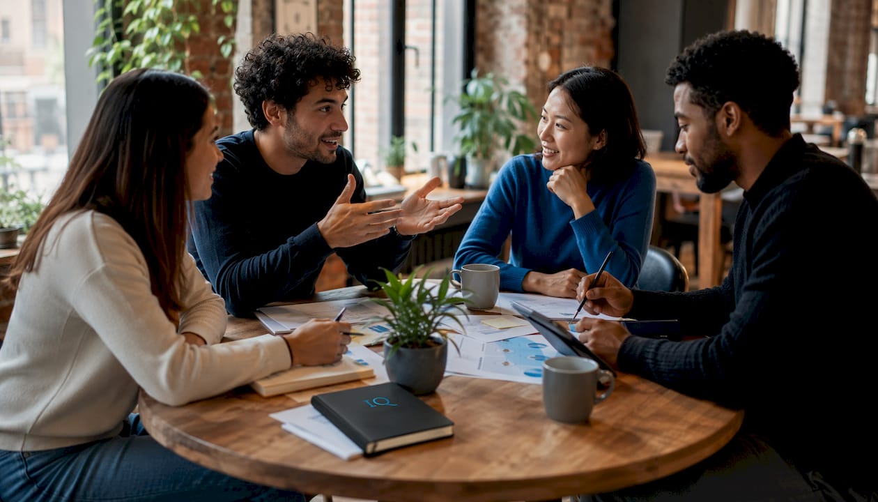 Startup team reviewing pitch deck drafts in office