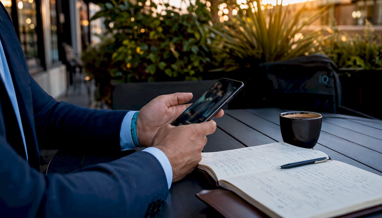 Hands holding phone showing financial data at café