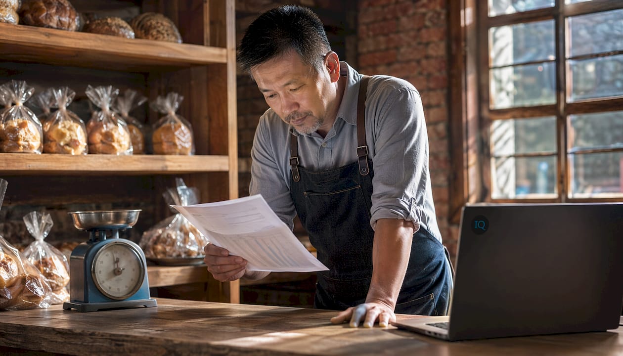 Bakery owner reviewing demand forecasting report