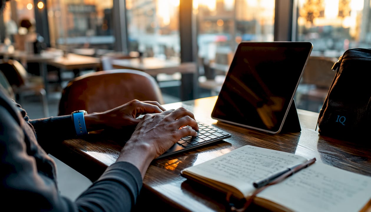 Hands typing AI chatbot customer service responses
