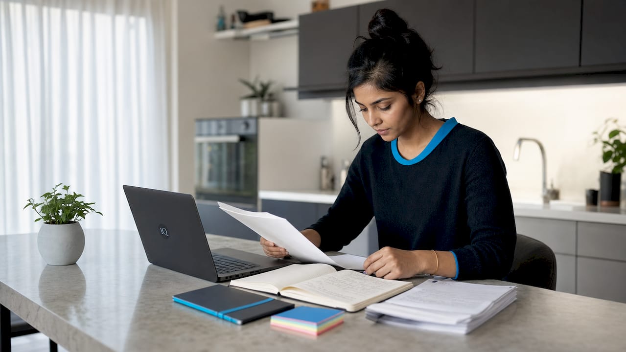 Entrepreneur reviewing business plan drafts at desk