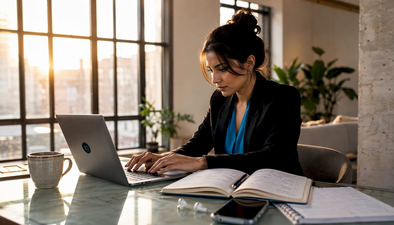Solo founder working on laptop in home office